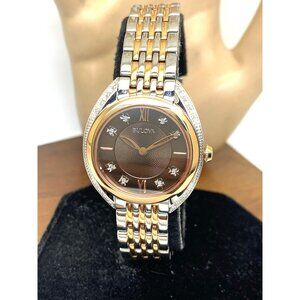 Bulova Women's Watch 98R230 Quartz Diamond Brown Dial Rose Gold Silver Tone 30mm